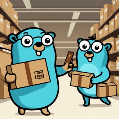 Go Blue Gopher is organizing a delivery, with one reading from a clipboard and pointing out a package, while another is picking up the package for dispatch.