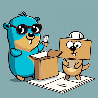 Go Blue Gopher is organizing a delivery, with one reading from a clipboard and pointing out a package, while another is picking up the package for dispatch.