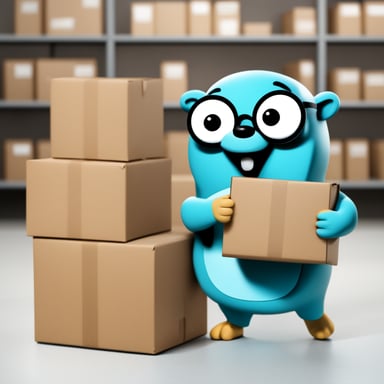 Go Blue Gopher is organizing a delivery, with one reading from a clipboard and pointing out a package, while another is picking up the package for dispatch.