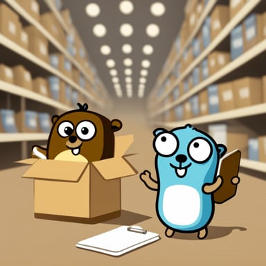 Go Blue Gopher is reading with a clipboard, pointing to a package, and another Go Blue Gopher is grabbing the package.