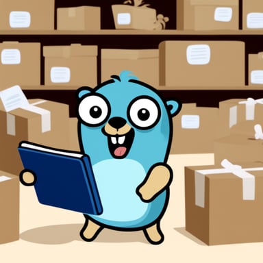 Go Blue Gopher is reading with a clipboard, pointing to a package, and another Go Blue Gopher is grabbing the package.
