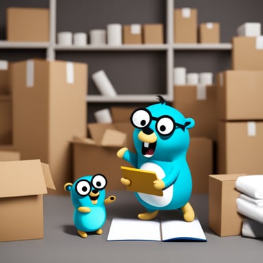 Go Blue Gopher is reading with a clipboard, pointing to a package, and another Go Blue Gopher is grabbing the package.