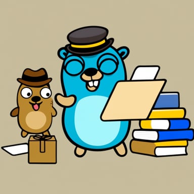 Go Blue Gopher is reading with a clipboard, pointing to a package, and another Go Blue Gopher is grabbing the package.