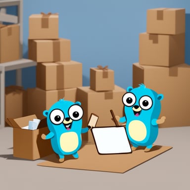 Go Blue Gopher is organizing a delivery, with one Go Blue Gopher reading from a clipboard and pointing out a package, while another Go Blue Gopher is picking up the package for dispatch.