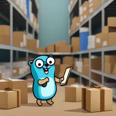 Go Blue Gopher is organizing a delivery, with one Go Blue Gopher reading from a clipboard and pointing out a package, while another Go Blue Gopher is picking up the package for dispatch.