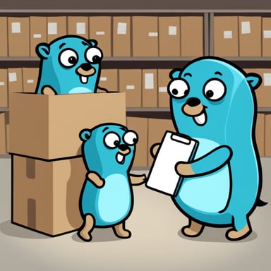 Go Blue Gopher is organizing a delivery, with one Go Blue Gopher reading from a clipboard and pointing out a package, while another Go Blue Gopher is picking up the package for dispatch.