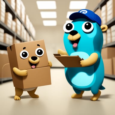 Go Blue Gopher is organizing a delivery, with one Go Blue Gopher reading from a clipboard and pointing out a package, while another Go Blue Gopher is picking up the package for dispatch.