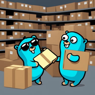 Go Blue Gopher is organizing a delivery, with one reading from a clipboard and pointing out a package, while another is picking up the package for dispatch.