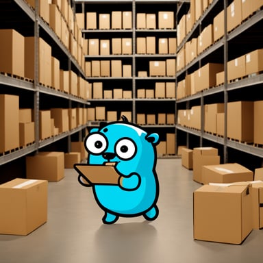 Go Blue Gopher is organizing a delivery, with one reading from a clipboard and pointing out a package, while another is picking up the package for dispatch.