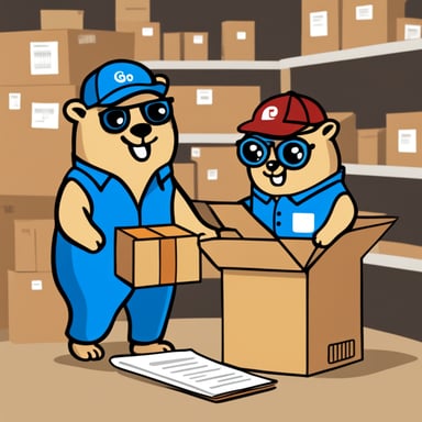 Go Blue Gopher is organizing a delivery, with one reading from a clipboard and pointing out a package, while another is picking up the package for dispatch.