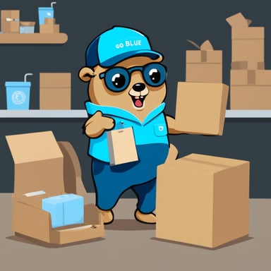 Go Blue Gopher is organizing a delivery, with one reading from a clipboard and pointing out a package, while another is picking up the package for dispatch.
