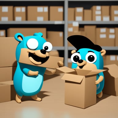 Go Blue Gopher is organizing a delivery, with one reading from a clipboard and pointing out a package, while another Go Blue Gopher is picking up the package for dispatch.