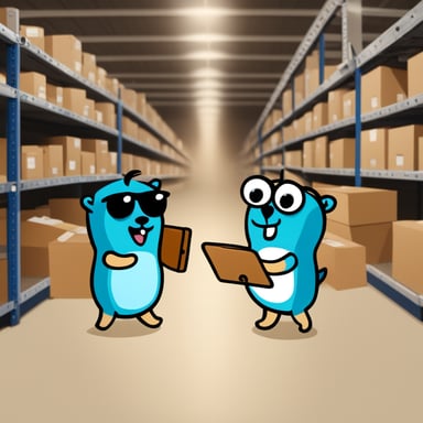 Go Blue Gopher is organizing a delivery, with one reading from a clipboard and pointing out a package, while another Go Blue Gopher is picking up the package for dispatch.