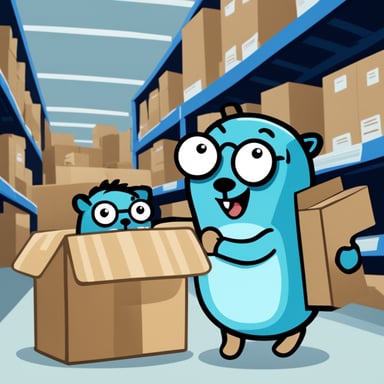Go Blue Gopher is organizing a delivery, with one reading from a clipboard and pointing out a package, while another Go Blue Gopher is picking up the package for dispatch.