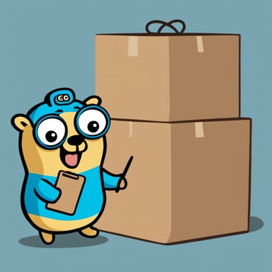 Go Blue Gopher is organizing a delivery, with one reading from a clipboard and pointing out a package, while another Go Blue Gopher is picking up the package for dispatch.