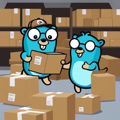 Go Blue Gopher is organizing a delivery, with one Go Blue Gopher reading from a clipboard and pointing out a package, while another Go Blue Gopher is picking up the package for dispatch.