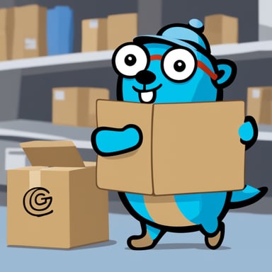 Go Blue Gopher is organizing a delivery, with one Go Blue Gopher reading from a clipboard and pointing out a package, while another Go Blue Gopher is picking up the package for dispatch.