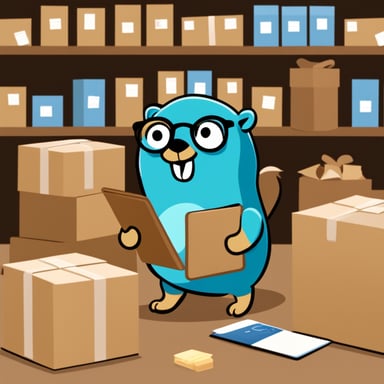 Go Blue Gopher is organizing a delivery, with one Go Blue Gopher reading from a clipboard and pointing out a package, while another Go Blue Gopher is picking up the package for dispatch.