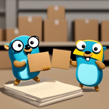 Go Blue Gopher is organizing a delivery, with one Go Blue Gopher reading from a clipboard and pointing out a package, while another Go Blue Gopher is picking up the package for dispatch.