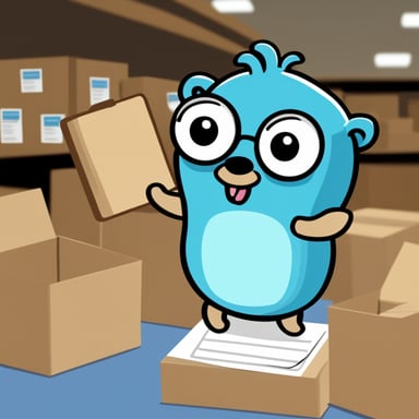 Go Blue Gopher is organizing a delivery, with one Go Blue Gopher reading from a clipboard and pointing out a package, while another Go Blue Gopher is picking up the package for dispatch.