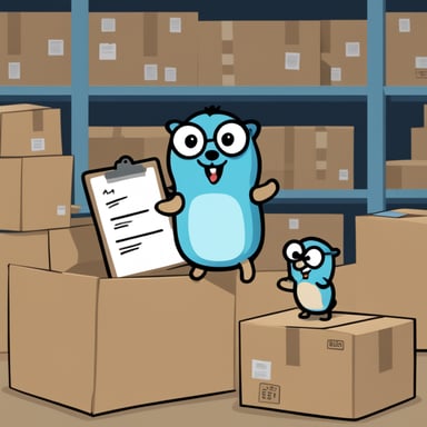 Go Blue Gopher is organizing a delivery, with one Go Blue Gopher reading from a clipboard and pointing out a package, while another Go Blue Gopher is picking up the package for dispatch.
