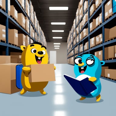 Go Blue Gopher is organizing a delivery, with one Go Blue Gopher reading from a clipboard and pointing out a package, while another Go Blue Gopher is picking up the package for dispatch.