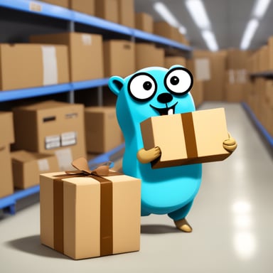 Go Blue Gopher is organizing a delivery, with one Go Blue Gopher reading from a clipboard and pointing out a package, while another Go Blue Gopher is picking up the package for dispatch.