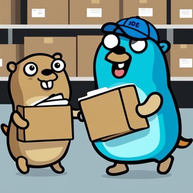 Go Blue Gopher is organizing a delivery, with Go Blue Gopher reading from a clipboard and pointing out a package, while another Go Blue Gopher is picking up the package for dispatch.