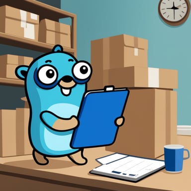 Go Blue Gopher is organizing a delivery, with Go Blue Gopher reading from a clipboard and pointing out a package, while another Go Blue Gopher is picking up the package for dispatch.