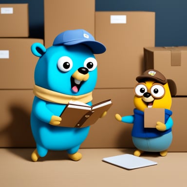 Go Blue Gopher is organizing a delivery, with Go Blue Gopher reading from a clipboard and pointing out a package, while another Go Blue Gopher is picking up the package for dispatch.