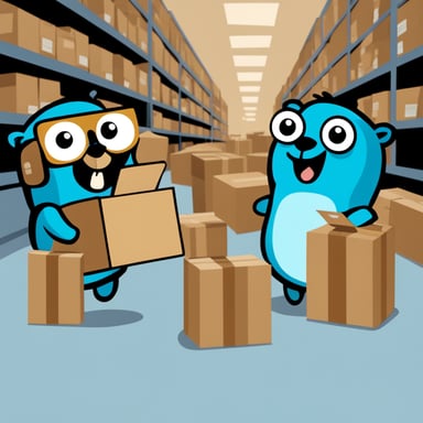 Go Blue Gopher is organizing a delivery, with Go Blue Gopher reading from a clipboard and pointing out a package, while another Go Blue Gopher is picking up the package for dispatch.