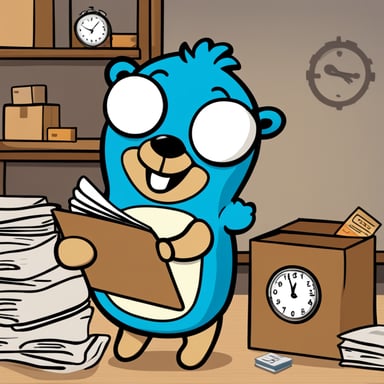 Happy Go Blue Gopher is on top of a table, organizing a delivery, with Go Blue Gopher reading from a clipboard and pointing out a package, looking at the wall clock marking 2PM.