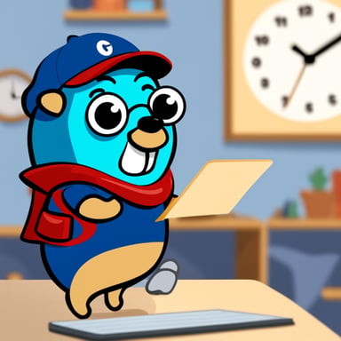 Happy Go Blue Gopher is on top of a table, organizing a delivery, with Go Blue Gopher reading from a clipboard and pointing out a package, looking at the wall clock marking 2PM.