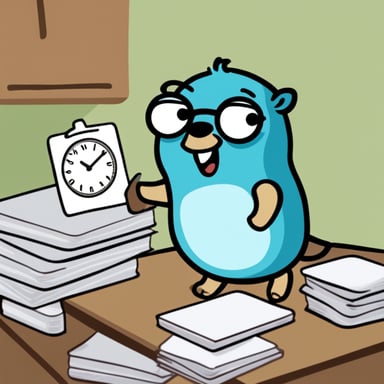Happy Go Blue Gopher is on top of a table, organizing a delivery, with Go Blue Gopher reading from a clipboard and pointing out a package, looking at the wall clock marking 2PM.
