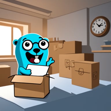 Happy Go Blue Gopher is on top of a table, organizing a delivery, with Go Blue Gopher reading from a clipboard and pointing out a package, looking at the wall clock marking 2PM.