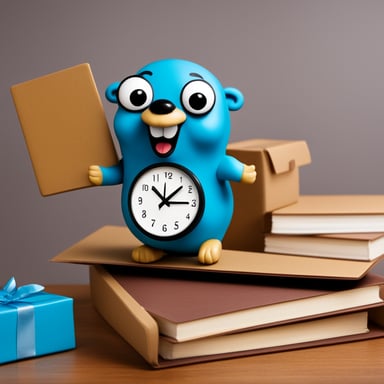 Happy Go Blue Gopher is on top of a table, reading from a clipboard with packages organized to be delivered, the wall clock marking 2PM.