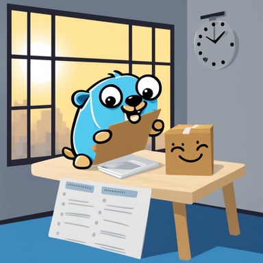 Happy Go Blue Gopher is on top of a table, reading from a clipboard with packages organized to be delivered, the wall clock marking 2PM.
