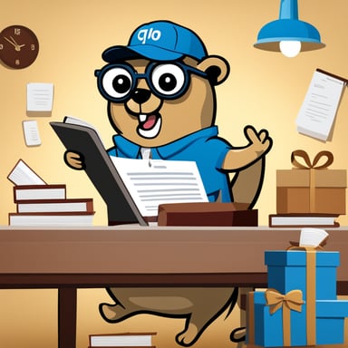 Happy Go Blue Gopher is on top of a table, reading from a clipboard with packages organized to be delivered, the wall clock marking 2PM.