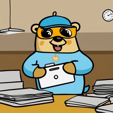 Happy Go Blue Gopher is on top of a table, reading from a clipboard with packages organized to be delivered, the wall clock marking 2PM.