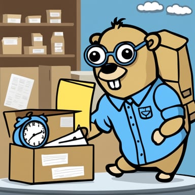 Go Blue Gopher is organizing a delivery, with Go Blue Gopher reading from a clipboard and pointing out a package, a wall clock marking 2 PM.