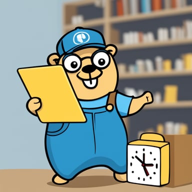 Go Blue Gopher is organizing a delivery, with Go Blue Gopher reading from a clipboard and pointing out a package, a wall clock marking 2 PM.
