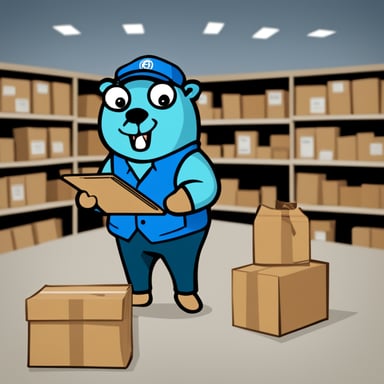 Go Blue Gopher is organizing a delivery, with Go Blue Gopher reading from a clipboard and pointing out a package, a wall clock marking 2 PM.
