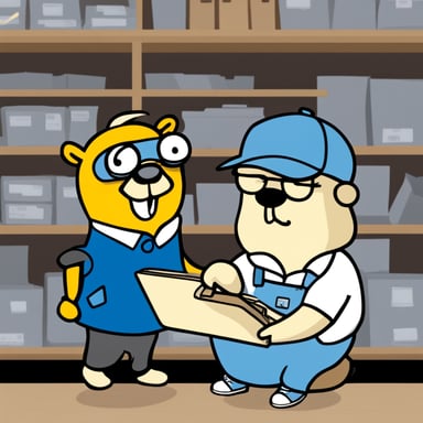 Go Blue Gopher is organizing a delivery, with Go Blue Gopher reading from a clipboard and pointing out a package, a wall clock marking 2 PM.