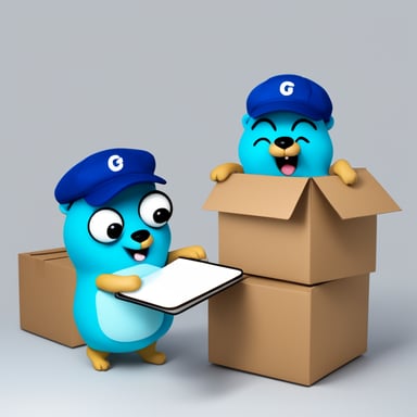 Go Blue Gopher is busy organizing a delivery. One Go Blue Gopher is carefully reading from a clipboard and pointing out which package needs to go next, while another Go Blue Gopher is actively picking up the package for dispatch.