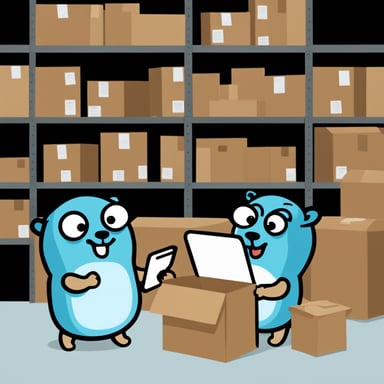 Go Blue Gopher is busy organizing a delivery. One Go Blue Gopher is carefully reading from a clipboard and pointing out which package needs to go next, while another Go Blue Gopher is actively picking up the package for dispatch.