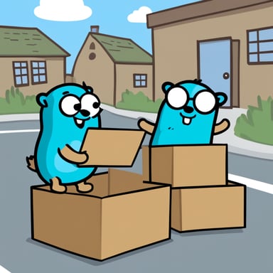 Go Blue Gopher is busy organizing a delivery. One Go Blue Gopher is carefully reading from a clipboard and pointing out which package needs to go next, while another Go Blue Gopher is actively picking up the package for dispatch.