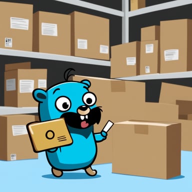 Go Blue Gopher is organizing a delivery, with Go Blue Gopher reading from a clipboard and pointing out a package, while another Go Blue Gopher is picking up the package for dispatch.