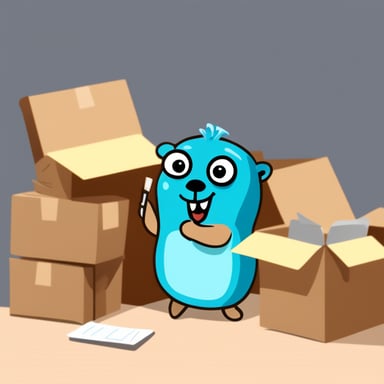 Go Blue Gopher is organizing a delivery, with Go Blue Gopher reading from a clipboard and pointing out a package, while another Go Blue Gopher is picking up the package for dispatch.