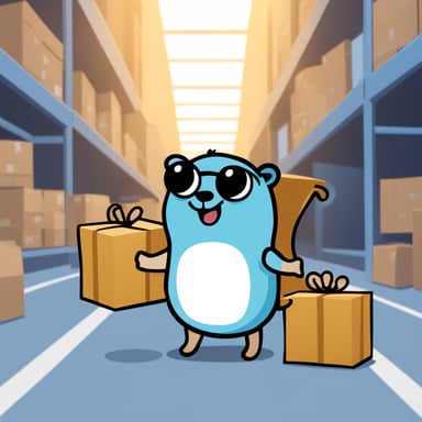 Go Blue Gopher is organizing a delivery, with Go Blue Gopher reading from a clipboard and pointing out a package, while another Go Blue Gopher is picking up the package for dispatch.