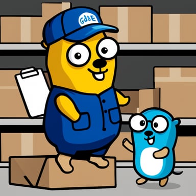 Go Blue Gopher is organizing a delivery, with Go Blue Gopher reading from a clipboard and pointing out a package, while another Go Blue Gopher is picking up the package for dispatch.